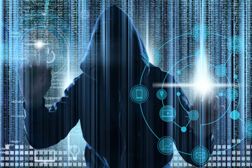 Man in hood and digital code on dark background. Cyber attack concept