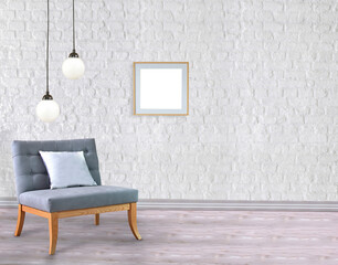 stone wall interior design living room, modern decorative design lamp. 3D illustration