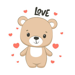 Obraz na płótnie Canvas Cute baby bear with hearts and phrase Love. Vector illustration.