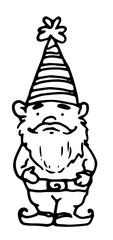 Vector isolated element of a garden gnome in a hat with stripes and a beard, drawn by hand in a sketch style with a black line on a white background. decorative ceramic dwarf doodle drawing for design