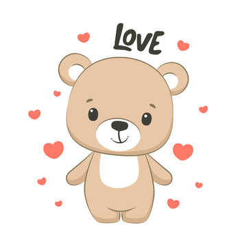Cute baby bear with hearts and phrase Love. Vector illustration.