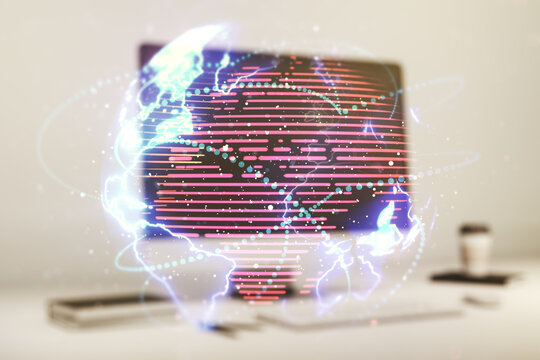 Double exposure of abstract digital world map with connections on computer background, big data and blockchain concept