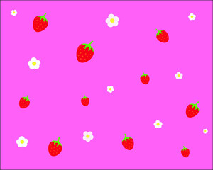 Strawberries and flowers pattern on the pink background