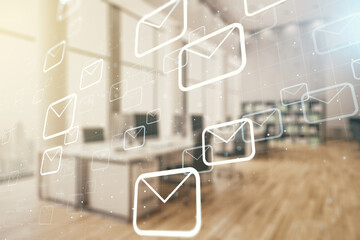 Abstract virtual postal envelopes sketch on a modern furnished office interior background, e-mail and marketing concept. Double exposure