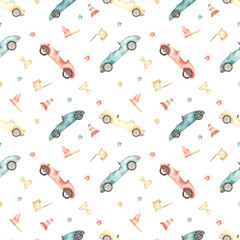 Watercolor seamless pattern with multidirectional colored racing cars, trophy, flags, stars on a white background © MarinaErmakova