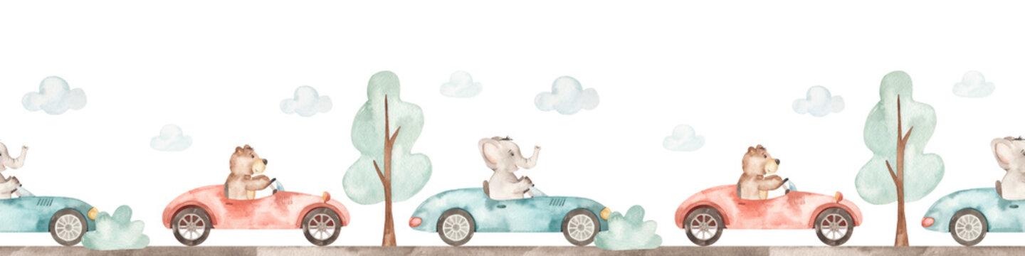 Watercolor seamless border with racing cars, animals in auto, tree, clouds, road