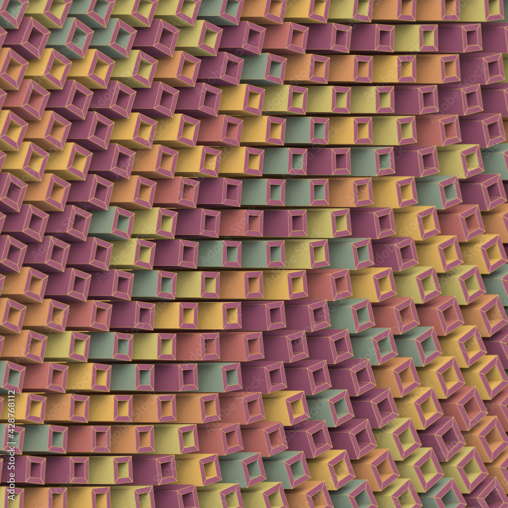 Poster Pattern of rotated multicolored boxes with a striped texture on the sides. 3d rendering illustration modern design