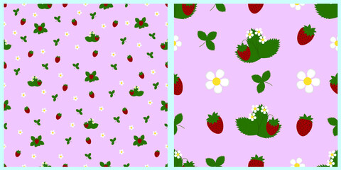 Collection of modern seamless patterns with the image of strawberries, leaves, berries, flowers. Contemporary designs for paper, cover, fabric, clothing, interior decor and more. 