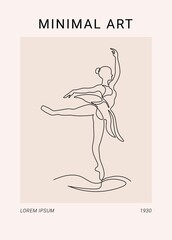 Ballerina one line drawing. Abstract poster with ballet dancer in a single continuous line style, wall art decor. Vector illustration