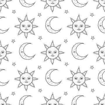 seamless pattern for astrology, celestial alchemy. Heavenly art for the zodiac, tarot, device of the universe, crescent moon with a face, clouds, sun with the moon on a white background. Esoteric