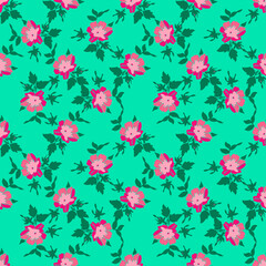 Drawing branches with flowers roses, bloom in pink colors.Floral seamless pattern, nature abstract background vector.Line art botanical illustration graphic design print. Trendy green bright wallpaper