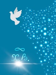 Cartolina invito sfondo azzurro buona Pasqua in russo. Colomba bianca, infinito, croce raggiante. Stelle. 