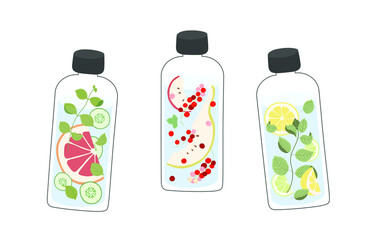 Infused water with fruits, berries, herbs and vegetables in glass bottles. Detox and refreshment drink concept. Isolated vector illustration.