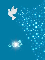 Cartolina invito sfondo azzurro buona Pasqua in russo. Colomba bianca, infinito, croce raggiante. Stelle. 