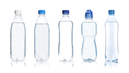 Set with different bottles of pure water on white background. Banner design