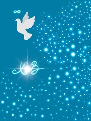 Cartolina invito sfondo azzurro buona Pasqua in russo. Colomba bianca, infinito, croce raggiante. Stelle. 