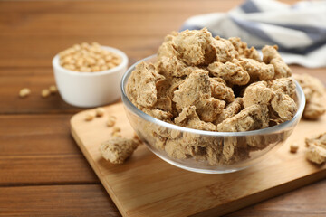 Dehydrated soy meat chunks on wooden table