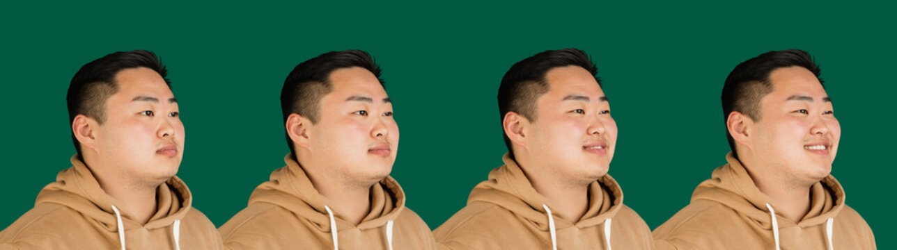 Evolution of emotions. Asian man's portrait isolated over green studio background with copyspace