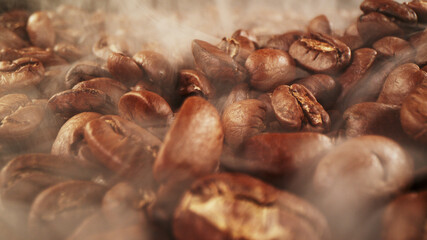 Pile of fresh roasted coffee beans with smoke around
