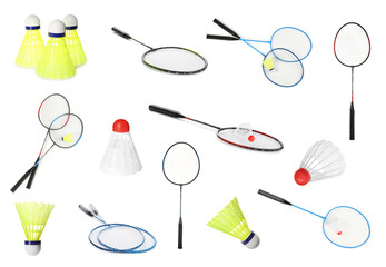 Set with rackets and shuttlecocks on white background. Badminton equipment