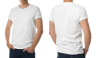 Closeup view of man in t-shirt on white background, collage. Space for design