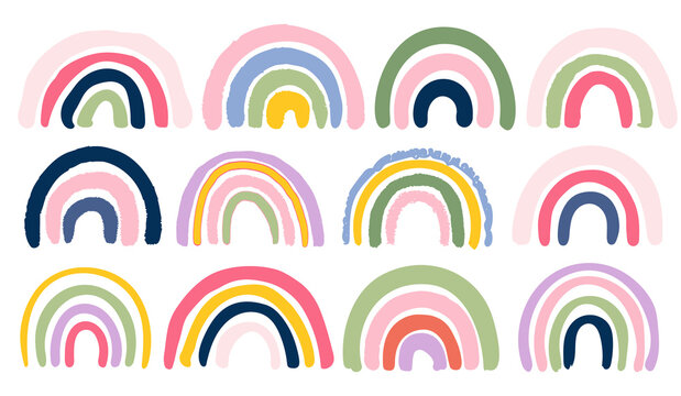 Collection of different colorful rainbows. Vector Design Elements. Set of doodled Illustrations.