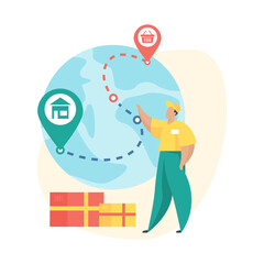 Order shipped. Flat vector illustration. Mobile shopping order status icon. Deliverer stands next to globe with parcel traking path marked with pins. Logistic, international delivery service