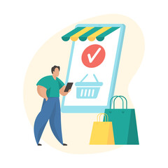 Mobile shopping application. Order placed flat vector icon concept illustration. Male cartoon character standing near huge smartphone with shopping cart on screen