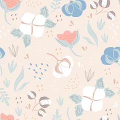 Fototapeten Seamless pattern with cotton and flowers on a colored background. Vector illustration for printing on fabric, packaging paper, clothing. Cute baby background © Дмитрий Бондаренко