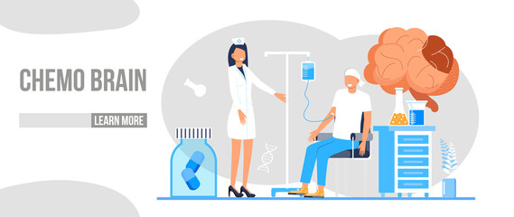 Fototapeta na wymiar Chemo brain concept vector for medical web, landing page. Chemotherapy and oncologist illustration. Doctor of oncology treat patient and fight with cancer. IV fluids, chemotherapy dropper