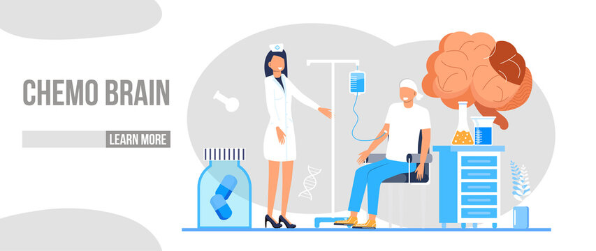 Chemo brain concept vector for medical web, landing page. Chemotherapy and oncologist illustration. Doctor of oncology treat patient and fight with cancer. IV fluids, chemotherapy dropper