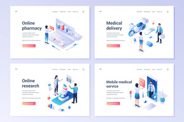 Vector set of modern website templates offering services of medical and pharmacy help and online research isolated on white background