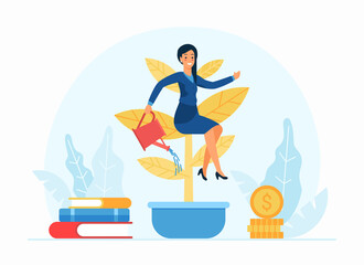 Self management concept flat vector illustration. Cartoon character business woman sitting on plant and watering it. Personal development, self-improvement, self-education, professional growth