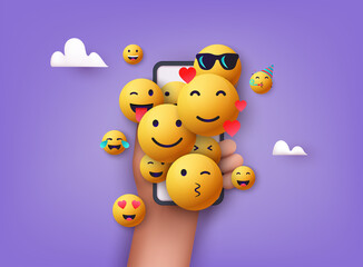 Emoji different kinds of emoticons design with mobile phone. 3d vector emotion concept.