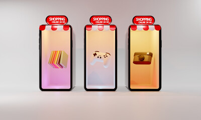 Shopping online on mobile application. Concept digital marketing. 3d rendering