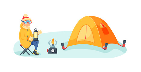 Mountaineer keeping warmth rest at winter campground