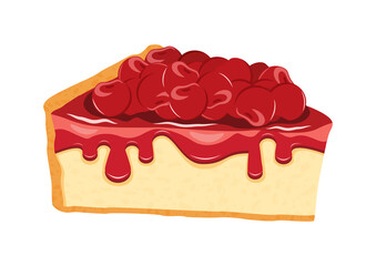 Slice of juicy Cherry Cheesecake with red icing icon vector. Delicious fresh cherry cake icon isolated on a white background. Sweet piece of cake with cherries vector