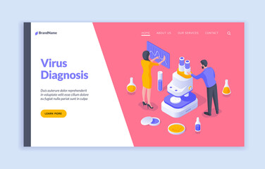 Isometric website template about virus diagnosis with male and female medics working in laboratory exploring new coronavirus infection. Isometric web banner, landing page template
