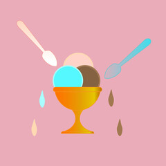 A bowl of colorful ice cream and two spoons on a pink background.