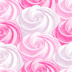 seamless pattern with pink french meringues twirls, marshmallow, zephyr. Vector in graphic vintage retro style. sweetness, sweet cake, dessert.