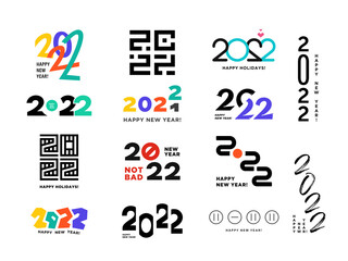Set of 2022 logo text design. Vector elegant modern minimalistic text with black numbers. 2022 number design template. Concept design. Big collection of Happy New Year signs.