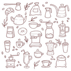 Hand drawn set of different types coffee cup, mug, pot, coffee machine. Doodle sketch style. Isolated vector illustration for coffee shop, cafe, restaurant menu, icon, background.