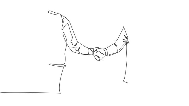 Single line drawing of businessmen in suite handshaking his business partner. Great teamwork. Business deal concept with trendy continuous line draw style graphic vector illustration