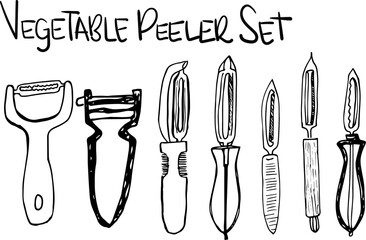 Hand drawn vegetable peeler icon set, vector illustration
