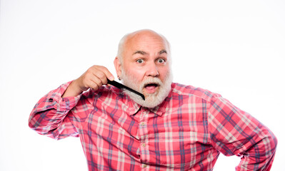 Shaving with fun. mature bearded man isolated on white. barbershop concept. shaving accessories. shaving tool kit. unshaven old man brush moustache and beard. cut and brush hair