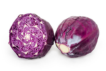 Fototapeta premium Whole and half heads of red cabbage on white background