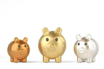 Gold, silver and copper piggy bank isolated on white background. 3d render illustration