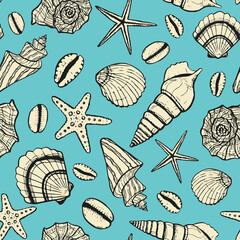 marine seamless pattern with seashell. summer time, sea, underwater, sea shells