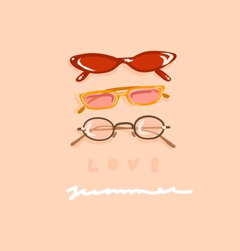 Hand drawn vector abstract stock graphic contemporary aesthetic,fashion illustration with vintage beautiful modern female sunglasses and handwritten text Love Summer isolated on pastel background