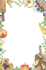 Watercolor frame with delicious breakfast elements and pastry chef's tools. Rolling pin, fruit, cutting wooden board with knife, plate with croissant-hand-drawn